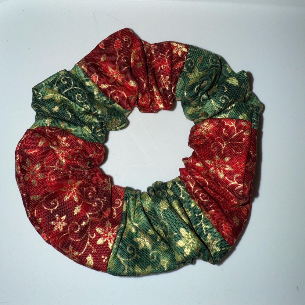 Christmas Patchwork Red, Green, Gold Hair Scrunchie,‎ Holiday, Floral Hair Tie